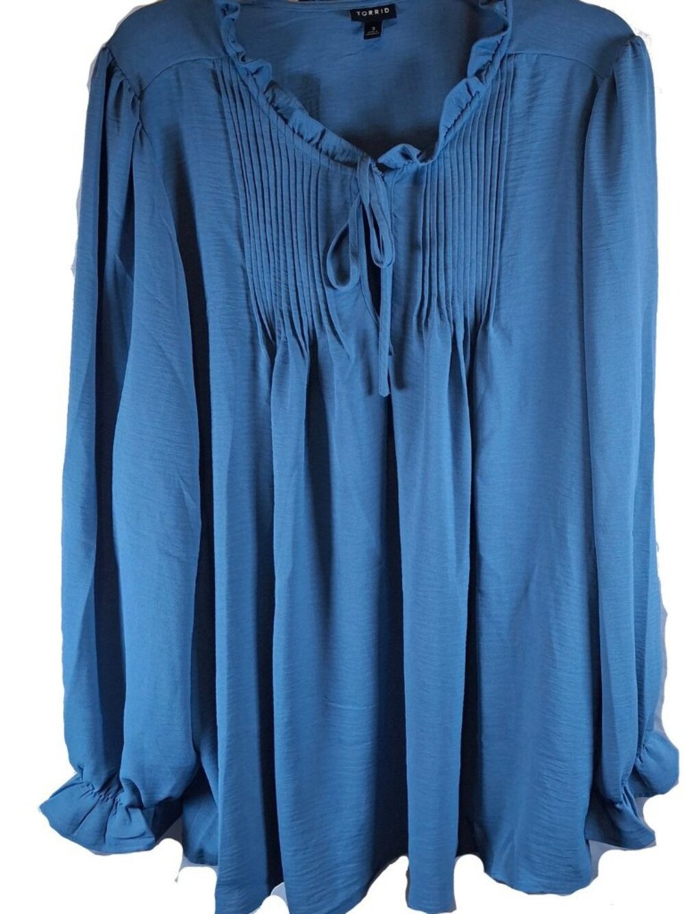 Torrid 3X Blue Polyester Blouse Ruffle Tie Neck Long Sleeve